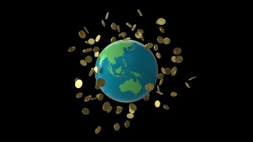 3D Animation of Golden Coins Orbiting a Rotating Earth
