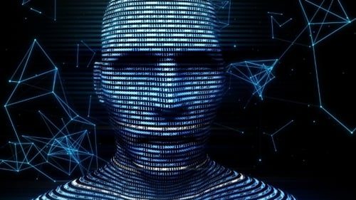 Digital Human Head Made of Binary Code with Plexus Network