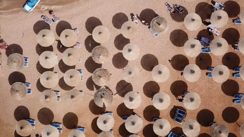 Umbrellas, Deck Chairs and Tourists Relaxing on the Beach. Aerial Top View.