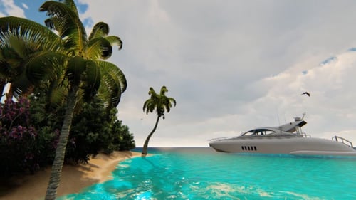 Realistic Island Beach Scene with Yacht and Palm Trees