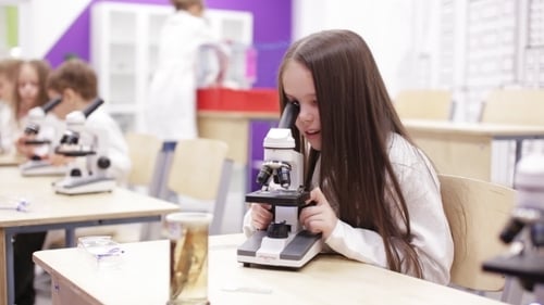 Little Girl Is Looking Through a Microscope at a Lesson in School