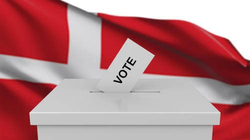 Danish Election Voting Ballot Box with Waving Denmark Flag