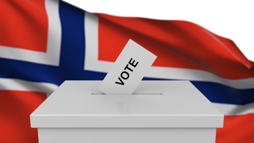 Vote Falling into Ballot Box with Waving Norway Flag