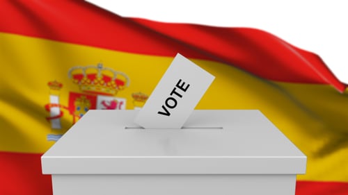 Animated Ballot Box with Spain Flag Waving and Vote Papers