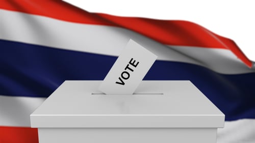 Casting Votes into Ballot Box with Waving Thailand Flag Loop