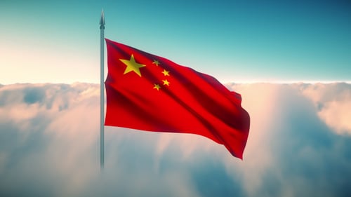 Realistic Chinese Flag Waving Above Clouds