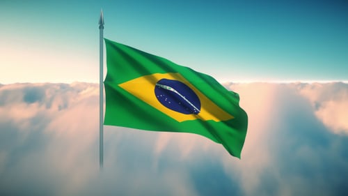 Realistic 3D Brazilian Flag Waving Above Clouds