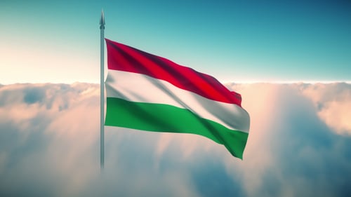 Realistic Hungarian Flag Waving Above Clouds