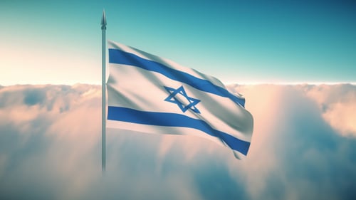 National Flag of Israel Waving Above Clouds