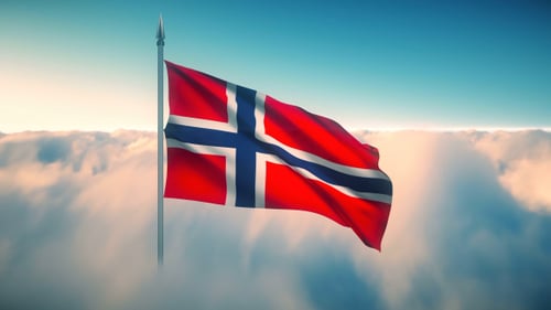 Realistic 3D Flag of Norway Waving in Blue Sky