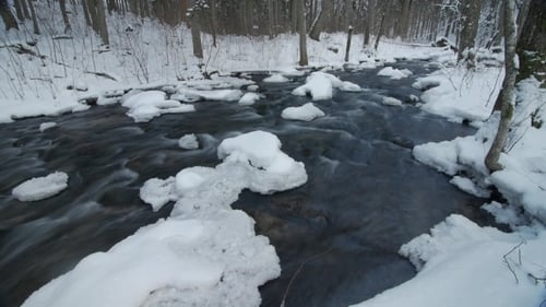 Water in Frozen Stream. Snowy River in Forest in the Winter.