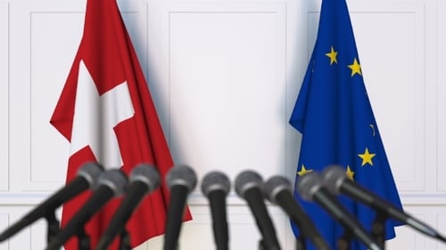 Switzerland European Union Flags Press Conference Background