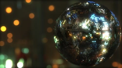 Rotating Retro Disco Ball with Shimmering Bokeh Lights Background
