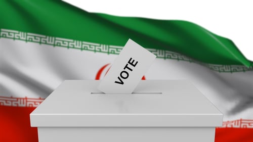 Iranian Flag Waving with Vote Cast into Ballot Box