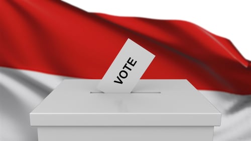 Voting Ballot Drop with Waving Flag Background