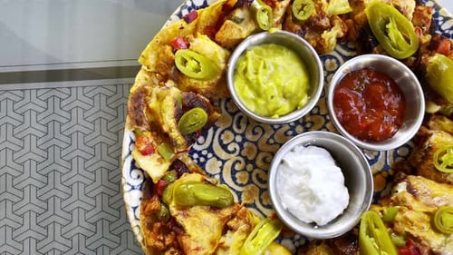 Overhead Shot of Loaded Nachos with Sauces
