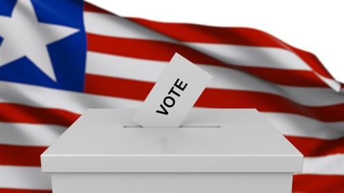 Voting Animation: Ballot Papers Drop into Box with Waving Liberian Flag