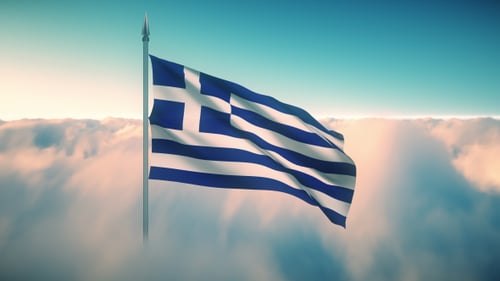 Realistic Greek Flag Waving Animation Over Clouds