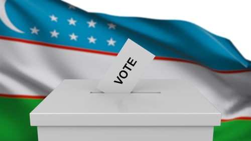 Uzbekistan Flag Waving with Vote Papers Falling into Ballot Box