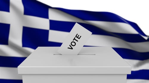 Greek National Elections: Ballot Box and Waving Flag