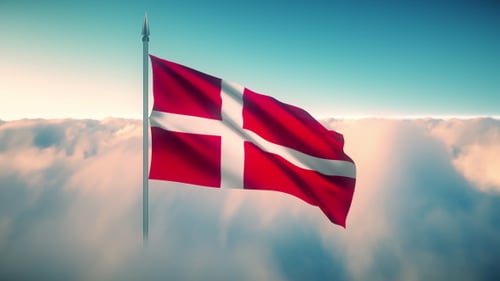 Danish Flag Waving Animation with Blue Sky and Clouds