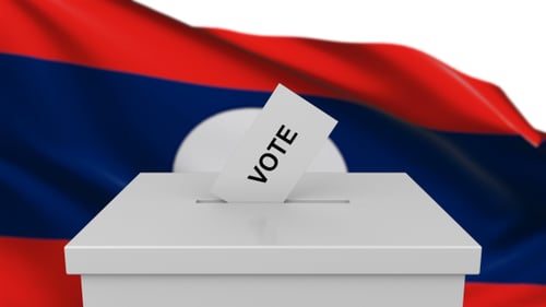 Animated Vote Cards Dropping into Ballot Box with Laos Flag