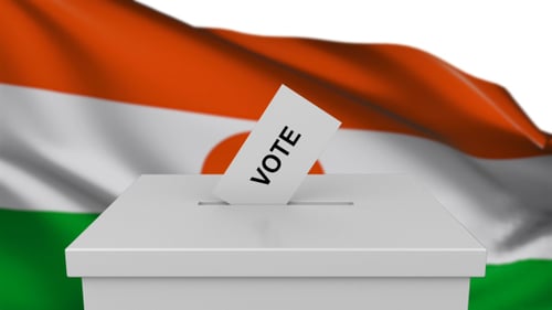 Election Voting Ballot Box with Waving Flag Background