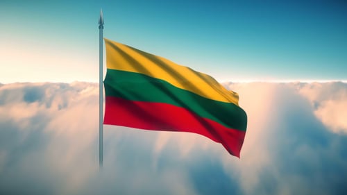 Realistic Lithuania Flag Flying in Sky Above Clouds