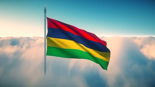 Realistic 3D Mauritius Flag Waving Above Clouds