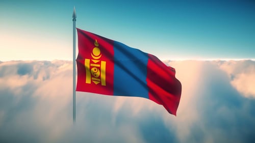 Realistic Mongolian National Flag Waving Over Clouds Animation