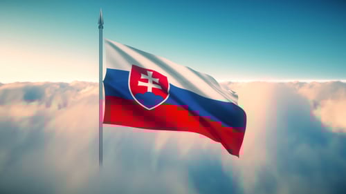 Slovakian National Flag Waving High Above Clouds