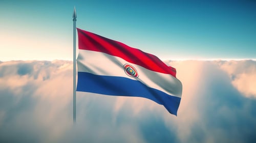 Realistic Paraguay Flag Waving in Blue Sky with Clouds