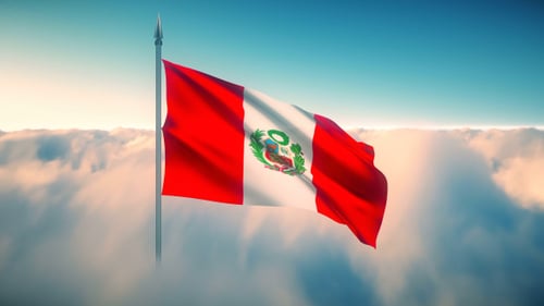 Peru Flag Waving Above Clouds