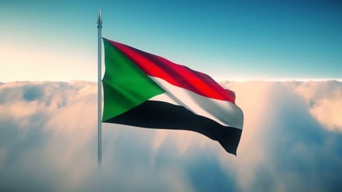Realistic 3D Sudan Flag Waving Above Clouds