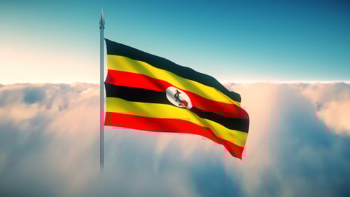 Realistic Waving Uganda Flag Above Clouds