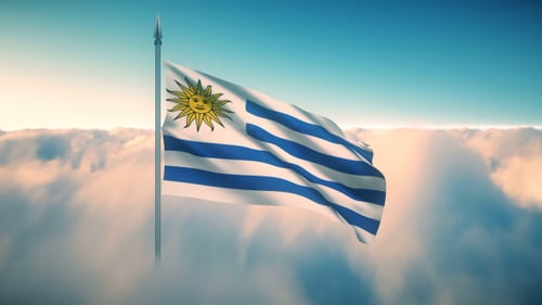 Realistic Waving Flag of Uruguay Above Clouds Loop