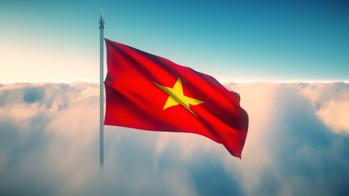 Realistic Animated Flag of Vietnam Waving Above Clouds