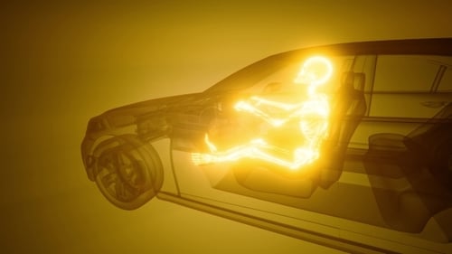 Glowing Skeleton Inside Transparent Car Crash Test Simulation