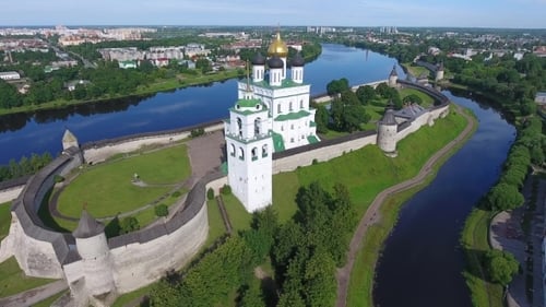 Aerial of Pskov Kremlin and Trinity Cathedral