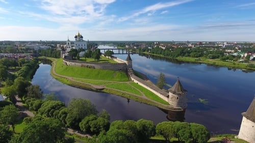 Aerial of Pskov Kremlin and Trinity Cathedral