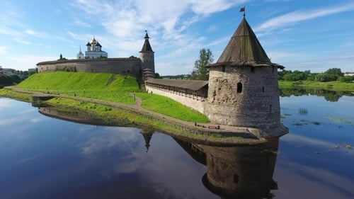 Aerial of Pskov Kremlin and Trinity Cathedral