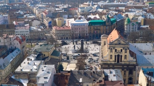 Aerial View Over the Streets of Lviv