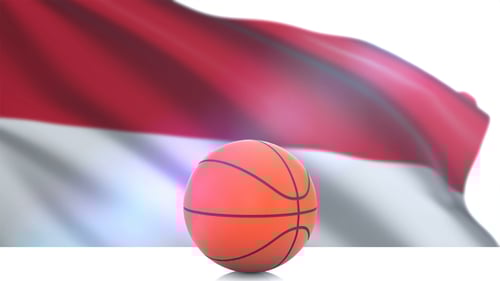 Basketball Standing Still in Front of a Waving National Flag