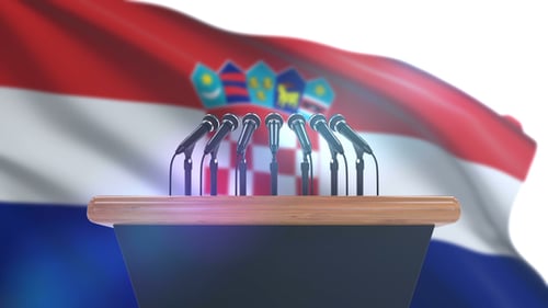 Waving Flag and Press Conference Podium with Microphones Animation