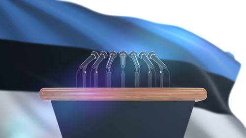 3D Podium with Microphones and Waving Estonian Flag