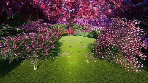 Vibrant Enchanted Garden with Blooming Flowers and Lush Greenery