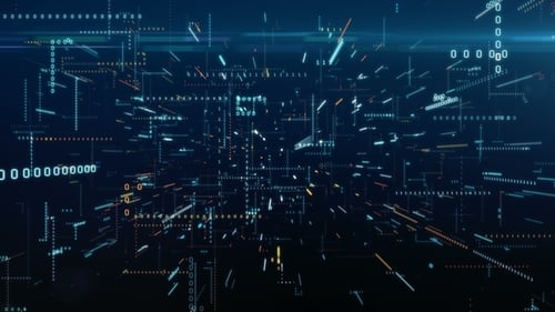 Vuelo infinito entre código binario en un espacio tecnológico caótico