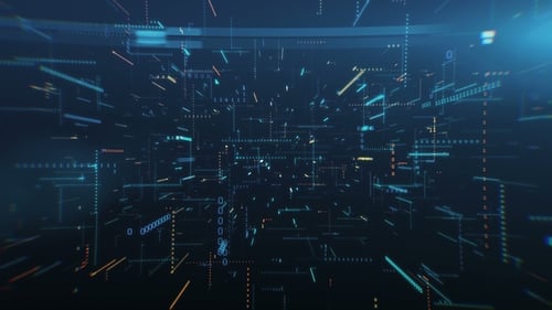 Vuelo infinito entre código binario en un espacio tecnológico caótico