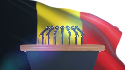 Animated Press Conference Podium with Waving Belgium Flag