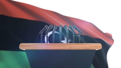 Official Press Conference Podium with Waving National Flag